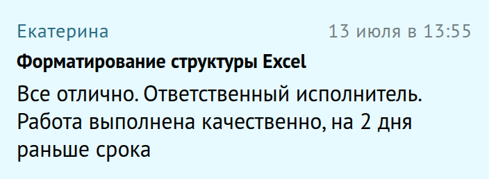 Отзыв: Екатерина — Структура Excel, Workzilla