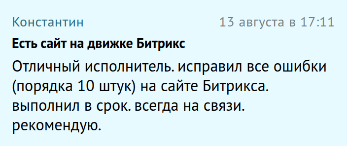 Отзыв: Константин — Ошибки на сайте Битрикс, Workzilla