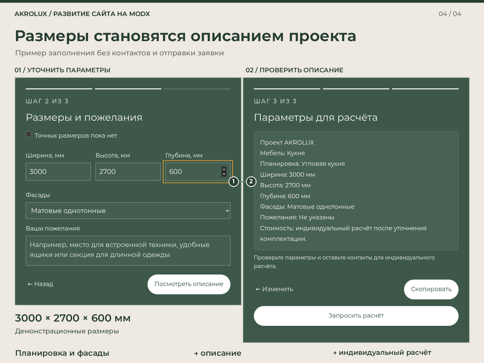 Из размеров и фасадов собирается описание проекта. Демонстрационный пример.