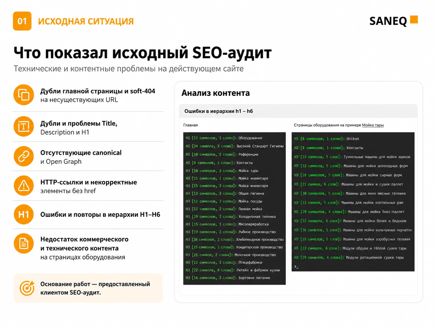 SANEQ: исходный SEO-аудит страниц оборудования